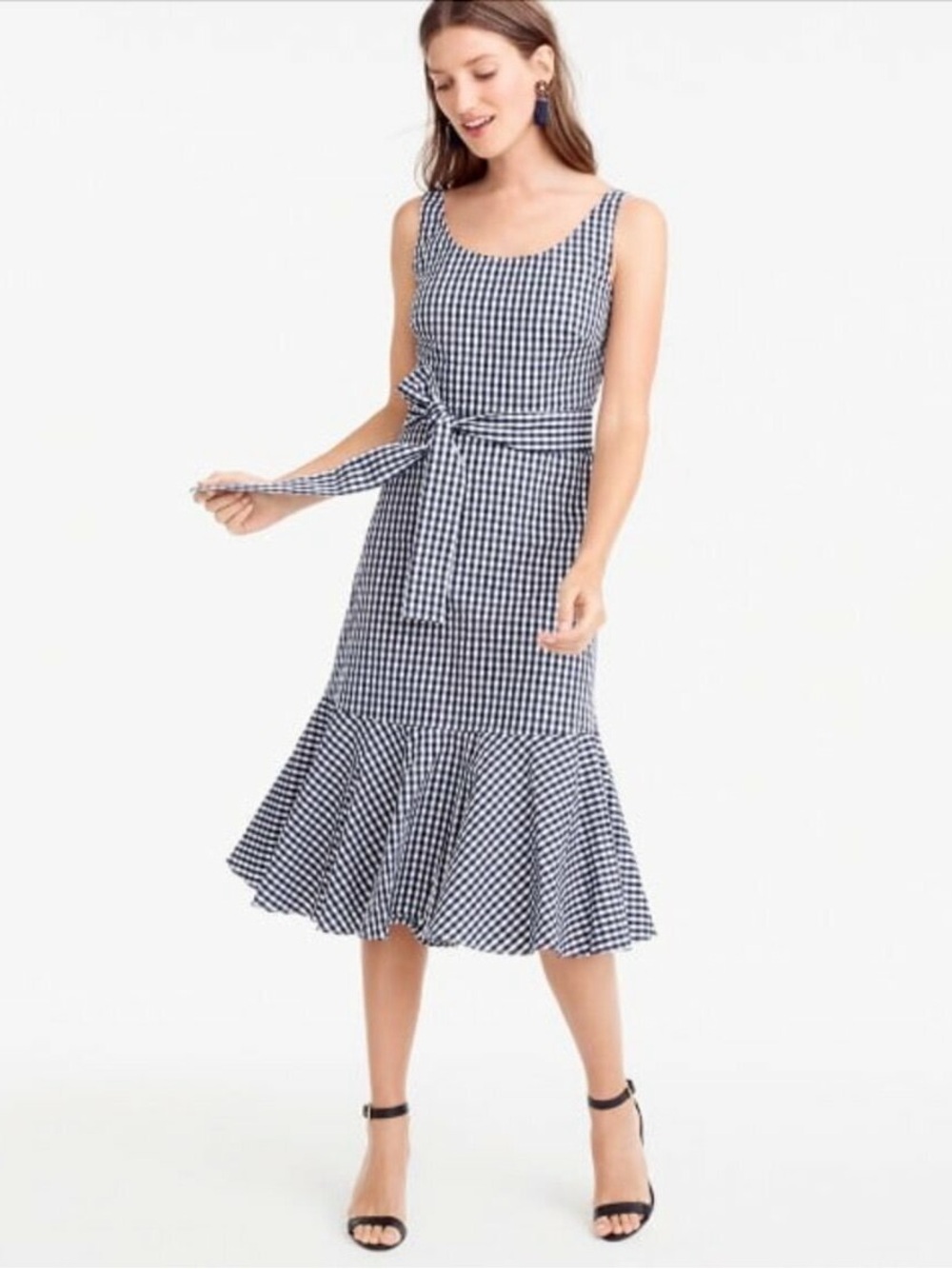NWT J. crew Gingham Preppy Cottage core Vintage Inspired Tie-Waist Midi Dress